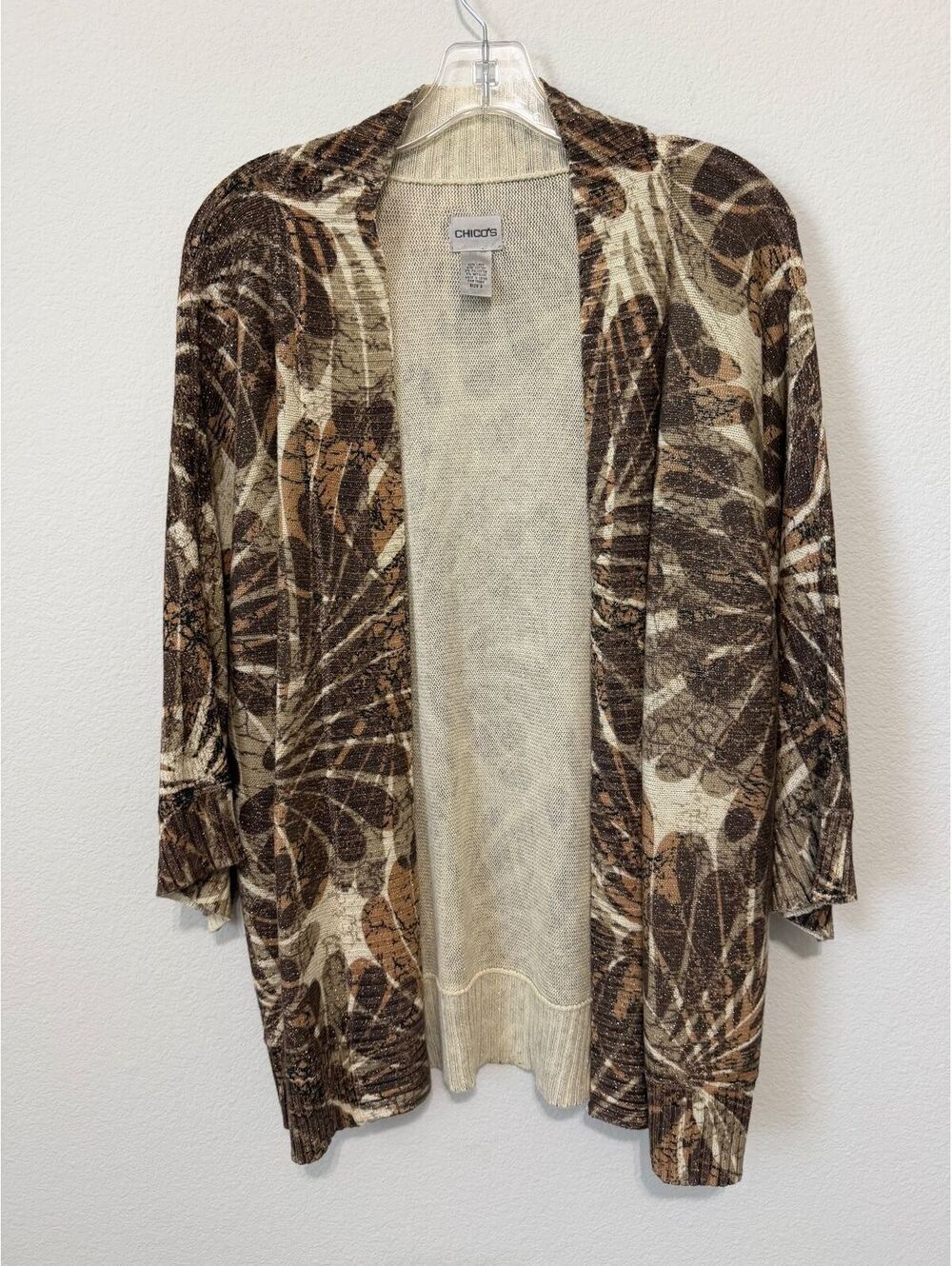 Chico’s Shimmer Abstract Linen Blend Open Front Cardigan Sweater Size 3 (XL)